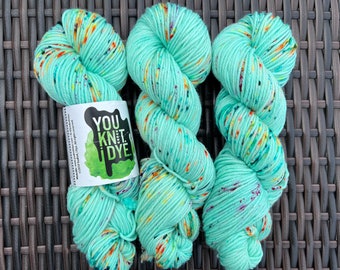 Hand dyed aran worsted yarn, aqua green teal neon orange pink speckles, BOUNCY, Ready to ship