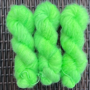 Hand dyed kid mohair CHUNKY DK yarn, neon green, tonal.