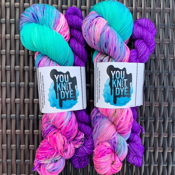 Hand dyed sock set yarn merino BIODEGRADABLE nylon,neon pink purple light blue turquoise green, speckled, purple mini skein, Ready to ship