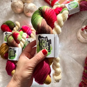 Hand dyed Christmas sock yarn, red pink green brown, BIODEGRADABLE, creamy mini skein, Ready to ship