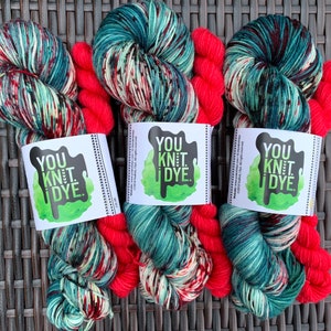 Hand dyed Christmas sock yarn set, green red brown green speckles, red mini skein, BIODEGRADABLE NYLON, Ready to ship