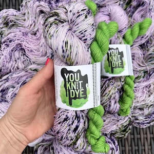 Hand dyed sock set merino yarn, light purple with purple and green speckles, BIODEGRADABLE NYLON, green mini skein, Ready to ship