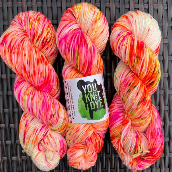 Hand dyed sock yarn, superwash merino, neon pink orange yellow speckles, BIODEGRADABLE nylon, Ready to ship