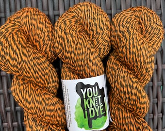 Hand dyed sock yarn, fall orange black marled merino, Ready to ship