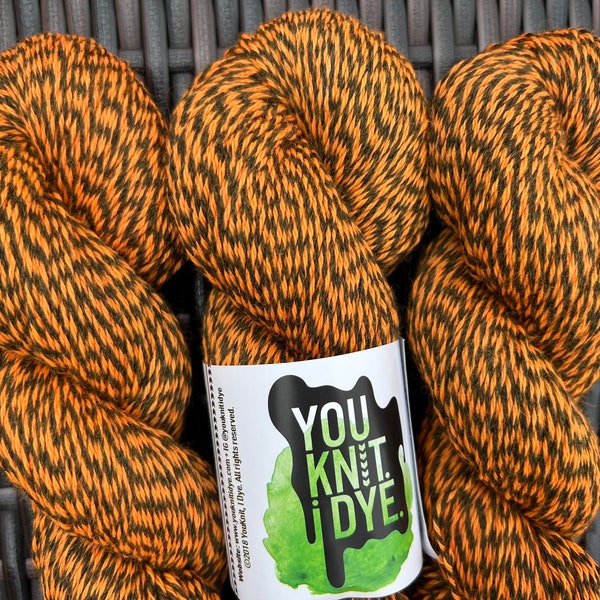 Hand dyed sock yarn, fall orange black marled merino, Ready to ship