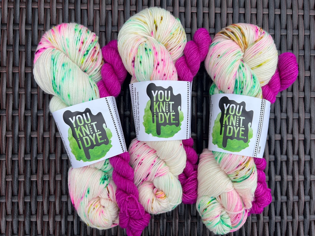 Hand Dyed Christmas Sock Yarn Set, Pink Green Golden Brown Speckles, Pink Mini Skein