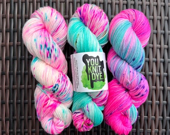 Hand dyed DK yarn fade kit, merino, neon pink, purple, green, blue turquoise speckled, Ready to Ship