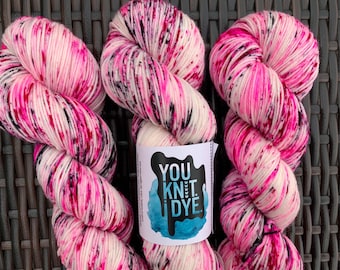 Hand dyed sport yarn Valentine neon pink fuchsia black speckles, superwash merino, Ready to ship
