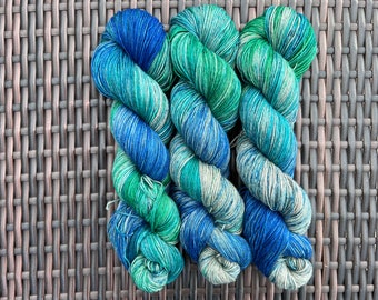 Hand dyed sock yarn superwash MERINO YAK gray blue green aquamarine, Ready to Ship