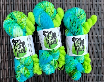 Hand dyed yarn sock set, merino BIODEGRADABLE nylon blue lime green chartreuse  speckles, lime green mini skein, Ready to ship