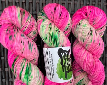 Hand dyed Christmas sock yarn, neon pink green brown speckles, BIODEGRADABLE NYLON, Ready to ship