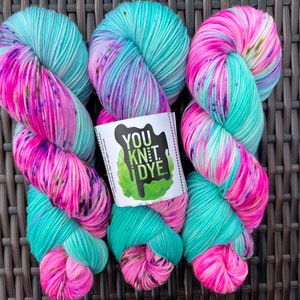 Hand dyed sock yarn, neon pink, purple, blue turquoise speckles, BIODEGRADABLE nylon, Ready to Ship