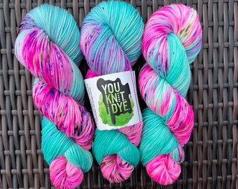 Hand dyed sock yarn, neon pink, purple, blue turquoise speckles, BIODEGRADABLE nylon, Ready to Ship