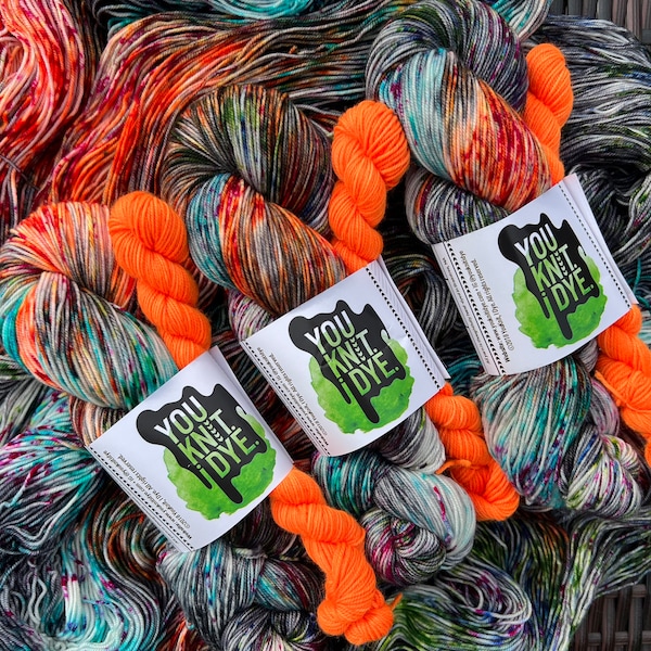 Hand dyed sock yarn, black pink neon orange green blue speckles, BIODEGRADABLE nylon, orange mini skein, Ready to ship