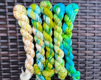 Hand dyed yarn sock fade mini set, superwash merino, green blue yellow orange turquoise speckles, Ready to ship