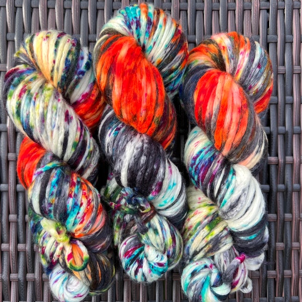 Hand dyed yarn super bulky chunky CHAIN  black pink neon orange green blue speckles, Ready to ship