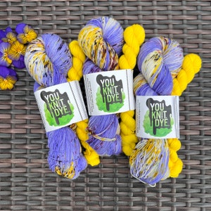 Hand dyed sock set yarn superwash merino, purple yellow purple speckles, yellow mini skein, BIODEGRADABLE nylon, Ready to ship
