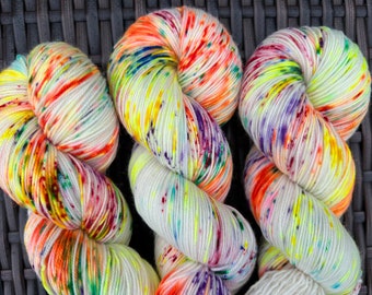 Hand dyed rainbow pride sock yarn merino neon yellow orange purple green blue red speckles, BIODEGRADABLE nylon, Ready to ship