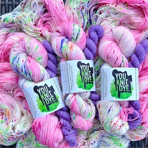Hand dyed sock yarn Valentine’s pink purple neon green orange speckles, purple mini skein, BIODEGRADABLE nylon, Ready to ship