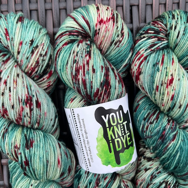 Hand dyed Christmas sock yarn, superwash merino, green with red, green, brown speckles, BIODEGRADABLE nylon, Ready to ship