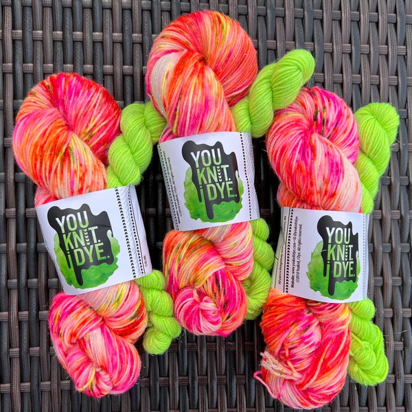 Hand dyed yarn sock set, neon pink orange yellow speckles, BIODEGRADABLE nylon, Ready to ship