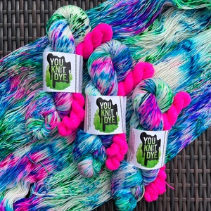 Hand dyed sock set merino BIODEGRADABLE nylon, neon pink blue green turquoise speckles, neon pink mini skein, Ready to Ship