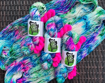 Hand dyed sock set merino BIODEGRADABLE nylon, neon pink blue green turquoise speckles, neon pink mini skein, Ready to Ship