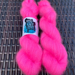 Hand dyed kid mohair silk lace yarn, neon pink fuchsia, tonal, Ready to ship