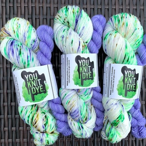 Hand dyed sock set merino yarn, green purple tobacco brown speckles, purple mini skein, Ready to ship