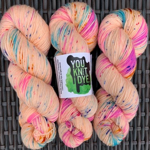 Hand dyed sock yarn, peach light orange pink blue speckles, BIODEGRADABLE nylon, Ready to ship