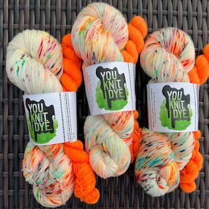 Hand dyed sock set yarn, Valentine’s pink neon orange green aubergine speckles, neon orange mini skein, BIODEGRADABLE nylon, Ready to ship