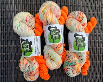 Hand dyed sock set yarn, Valentine’s pink neon orange green aubergine speckles, neon orange mini skein, BIODEGRADABLE nylon, Ready to ship