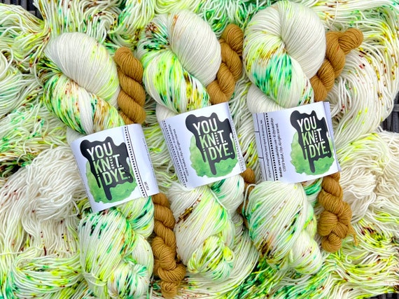 Hand Dyed Christmas Yarn Sock Set Neon Yellow Green Brown Speckles