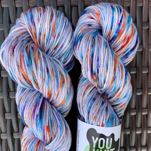 Hand dyed dk Pima cotton yarn vegan, pink blue orange speckles, Ready to Ship
