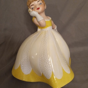 Vintage Holland Mold Ceramic Girl in Yellow and White Ball Gown