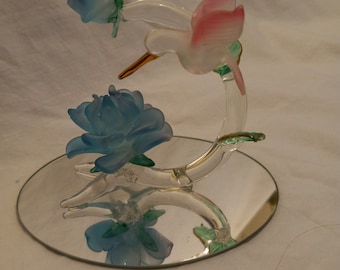 Beautiful Vintage Blowed Glass Hummingbird Drinking From a Flower Attached To a Mirror