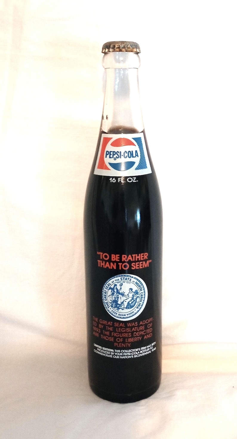 Vintage 16 Ounce Bicentennial Full Pepsi Bottle Commemorating North Carolina (2 available) image 1