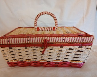 Vintage Red and White Wicker Sewing Box/Basket with Wood Bottom