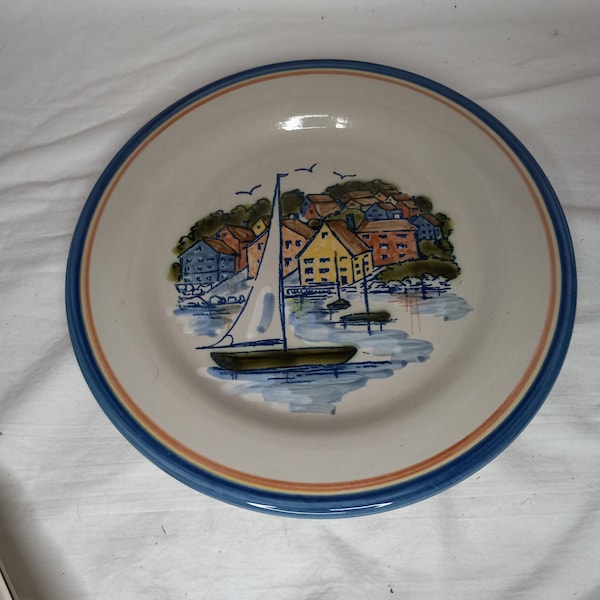 Vintage Louisville Stoneware Dinner Plate with Sailboat Sailing Past a Village