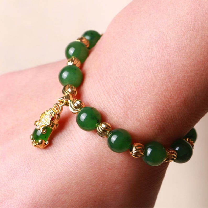 Beautiful Emerald Green Jade Bracelet Gold Links and Pixiu Bracelet Wealth Good Fortune Feng Shui Protector Gift for her Mother/'s Day