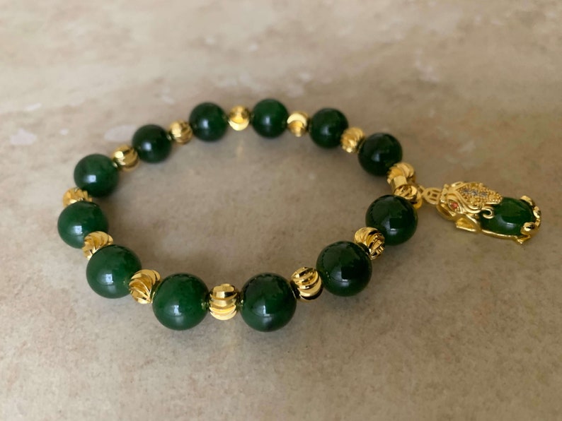 Beautiful Emerald Green Jade Bracelet Gold Links and Pixiu Bracelet Wealth Good Fortune Feng Shui Protector Gift for her Mother/'s Day