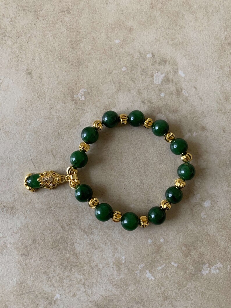 Beautiful Emerald Green Jade Bracelet Gold Links and Pixiu Bracelet Wealth Good Fortune Feng Shui Protector Gift for her Mother/'s Day