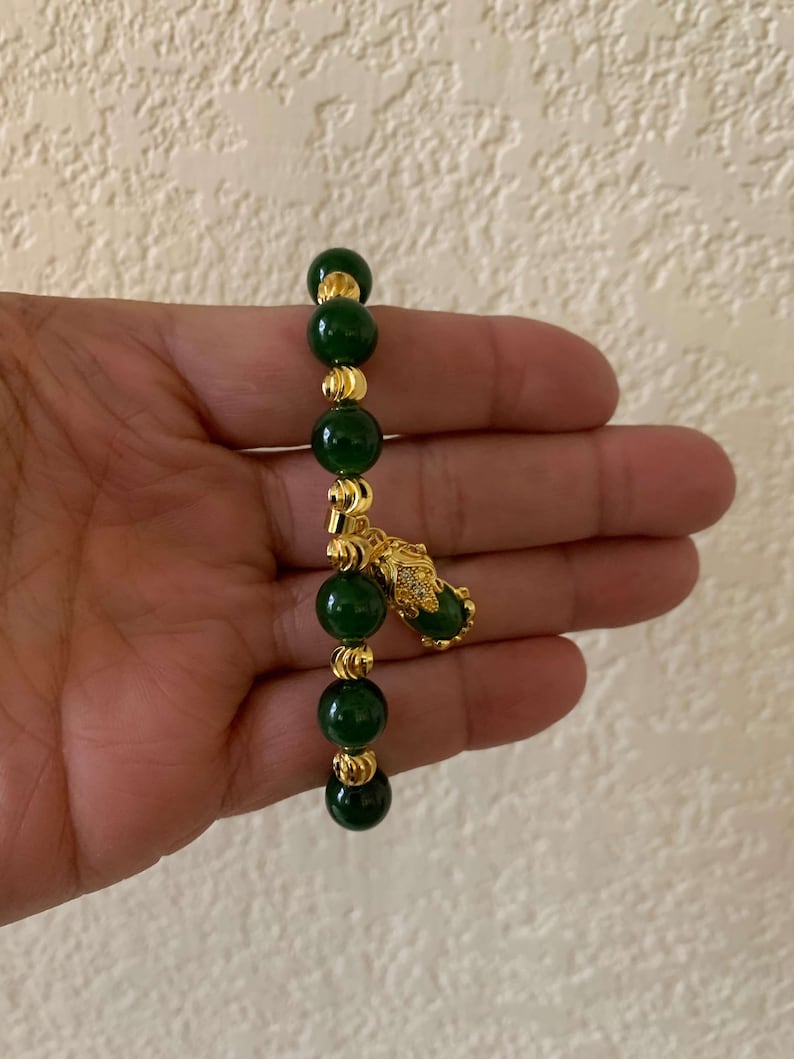 Beautiful Emerald Green Jade Bracelet Gold Links and Pixiu Bracelet Wealth Good Fortune Feng Shui Protector Gift for her Mother/'s Day