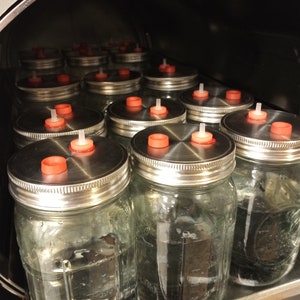 May include: A close-up of a metal autoclave with multiple glass jars inside. The jars have silver lids with red rubber seals and clear plastic tubes coming out of the lids.