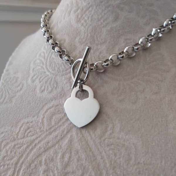 Chunky Silver Heart Toggle Necklace, All Stainless Steel Necklace, Silver Color Heart Necklace, Elegant Chunky Heart Necklace