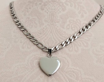 Silver Heart Necklace, All Silver Stainless Steel, Statement Necklace, Chunky Heart Pendant Necklace