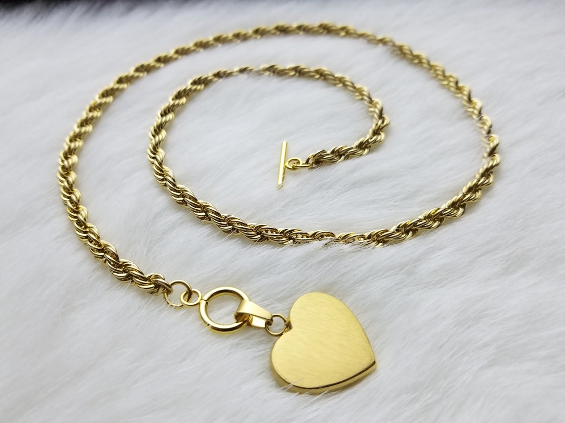 Elegant Gold Plated Rope Chain and Stainless Steel Heart | Etsy
