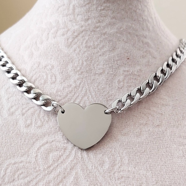 Collar de corazón grande de plata, collar de corazón de plata grueso, collar de declaración, collar diario, collar unisex, todo collar de acero inoxidable