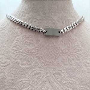 Blank ID Bar Necklace, Stainless Steel Rectangular Tag With Silver Curb Chain