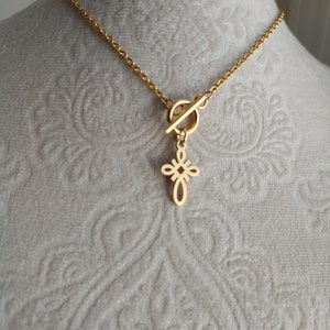 Gold Cross Necklace, Dainty Cross Toggle Necklace, All Stainless Steel Necklace, Gold Color Dainty Chain and Toggle Clasp